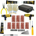 71-piece heavy-duty emergency tyre repair kit including T-handle tools, rubber sealing strips, adhesive glue, pliers, and protective gloves.