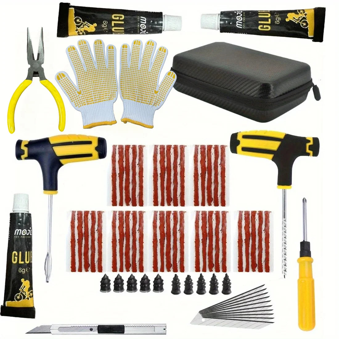 71-piece heavy-duty emergency tyre repair kit including T-handle tools, rubber sealing strips, adhesive glue, pliers, and protective gloves.