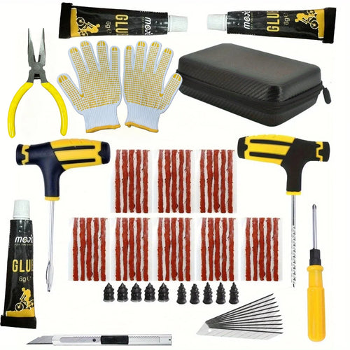 71-piece heavy-duty emergency tyre repair kit including T-handle tools, rubber sealing strips, adhesive glue, pliers, and protective gloves.