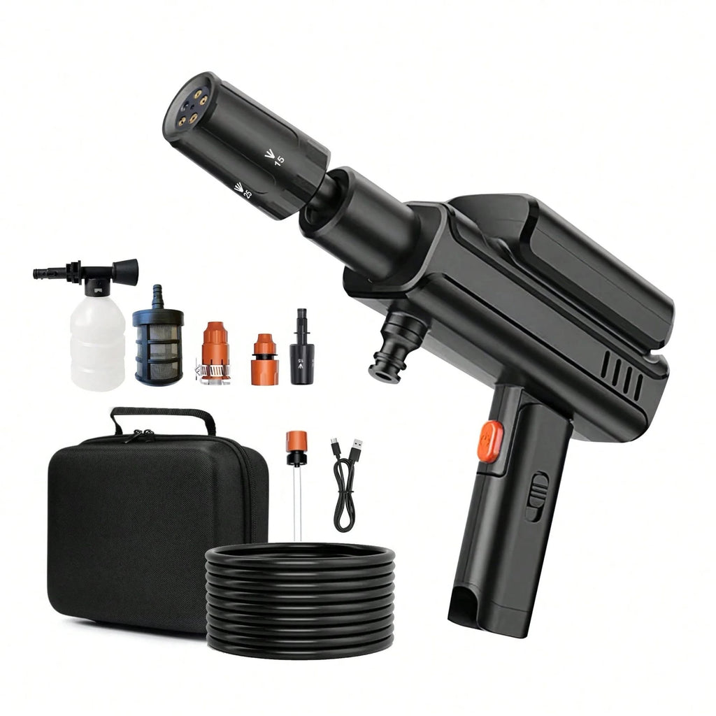 Cordless Car Pressure Washer with foam cannon bottle, carry case, hose and accessories laid out on a white background.