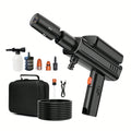 Cordless Car Pressure Washer with foam cannon bottle, carry case, hose and accessories laid out on a white background.