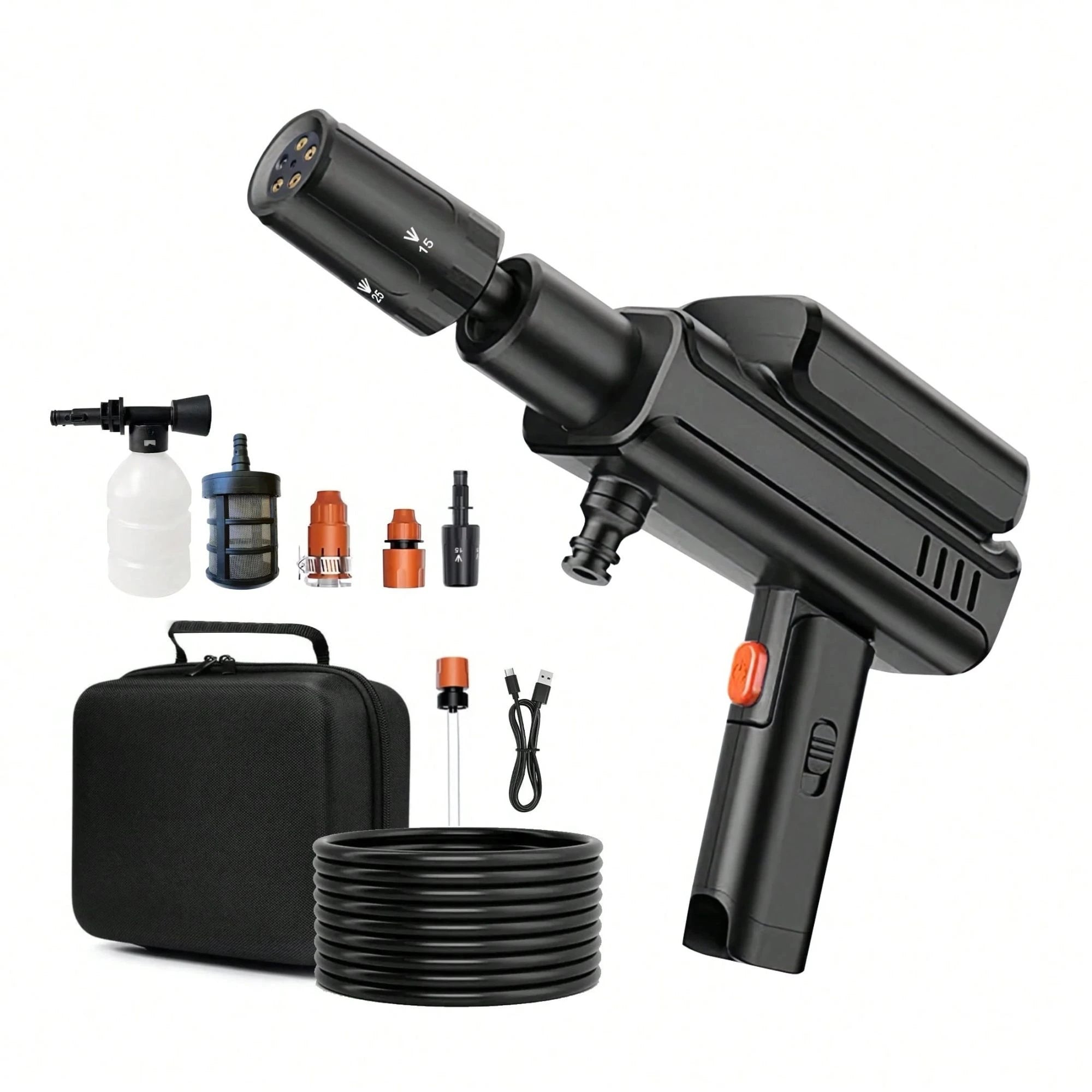 Cordless Car Pressure Washer with foam cannon bottle, carry case, hose and accessories laid out on a white background.