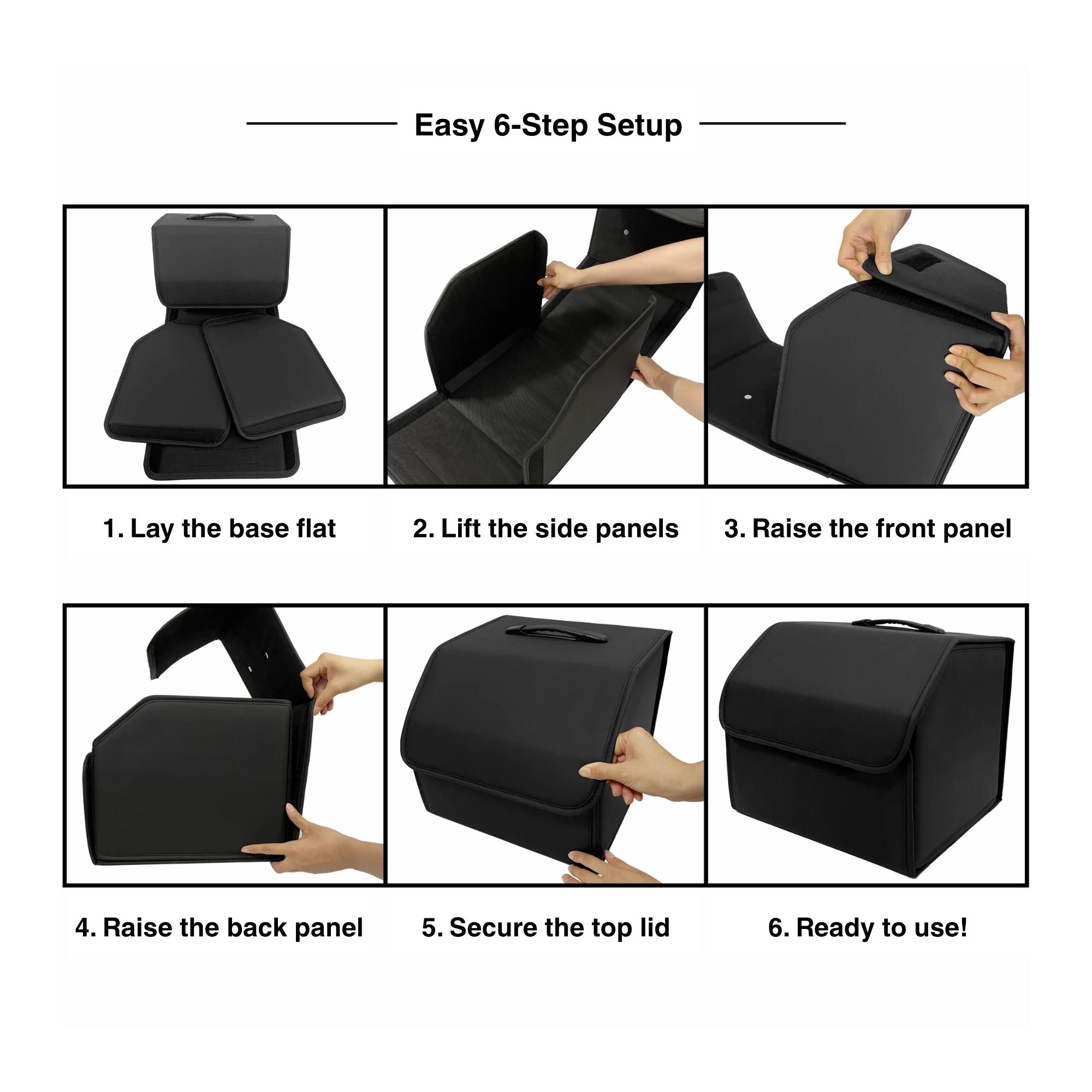 Easy six-step infographic demonstrating how to assemble the collapsible car boot organiser from a flat base to a fully set up box.