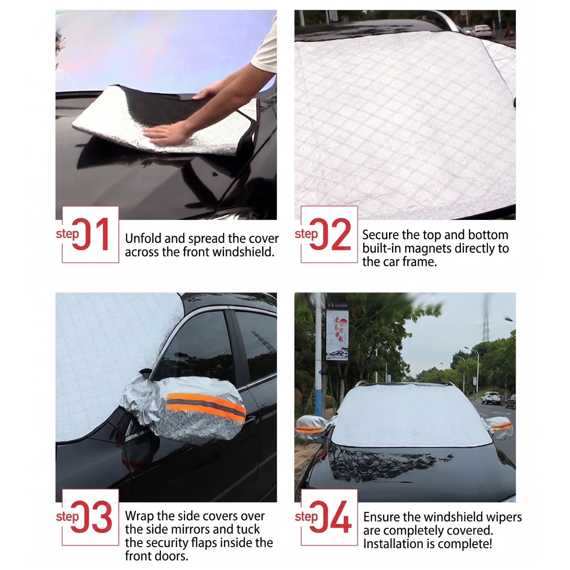A four-step visual guide demonstrating the quick installation process of spreading, securing, and fitting the magnetic car windscreen cover and mirror flaps.