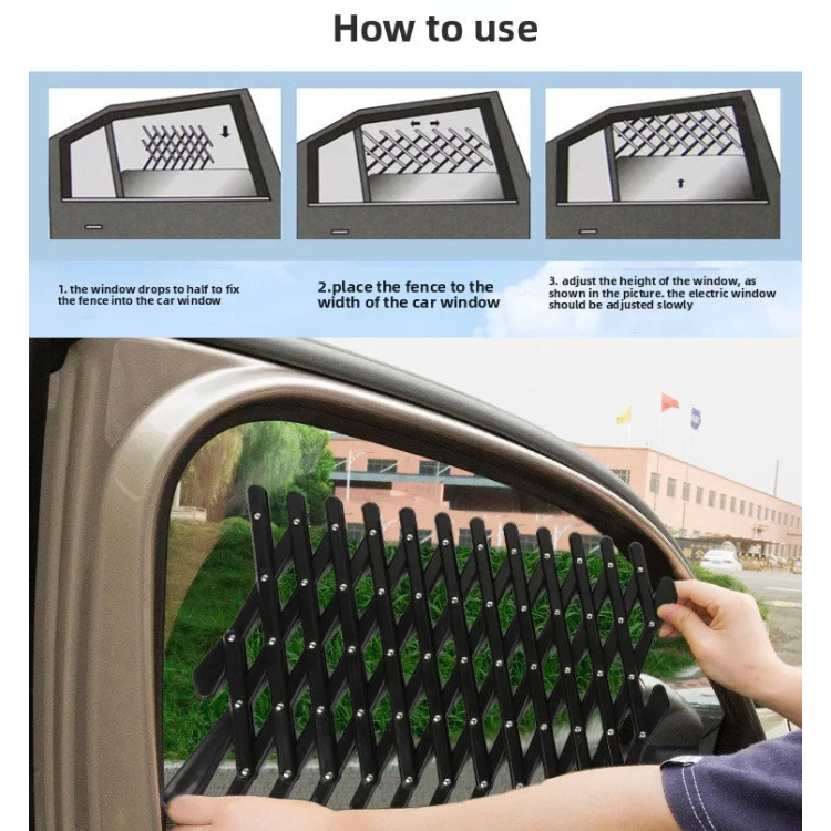 A visual step-by-step installation guide demonstrating how to insert and secure the expandable pet barrier into a vehicle window frame.