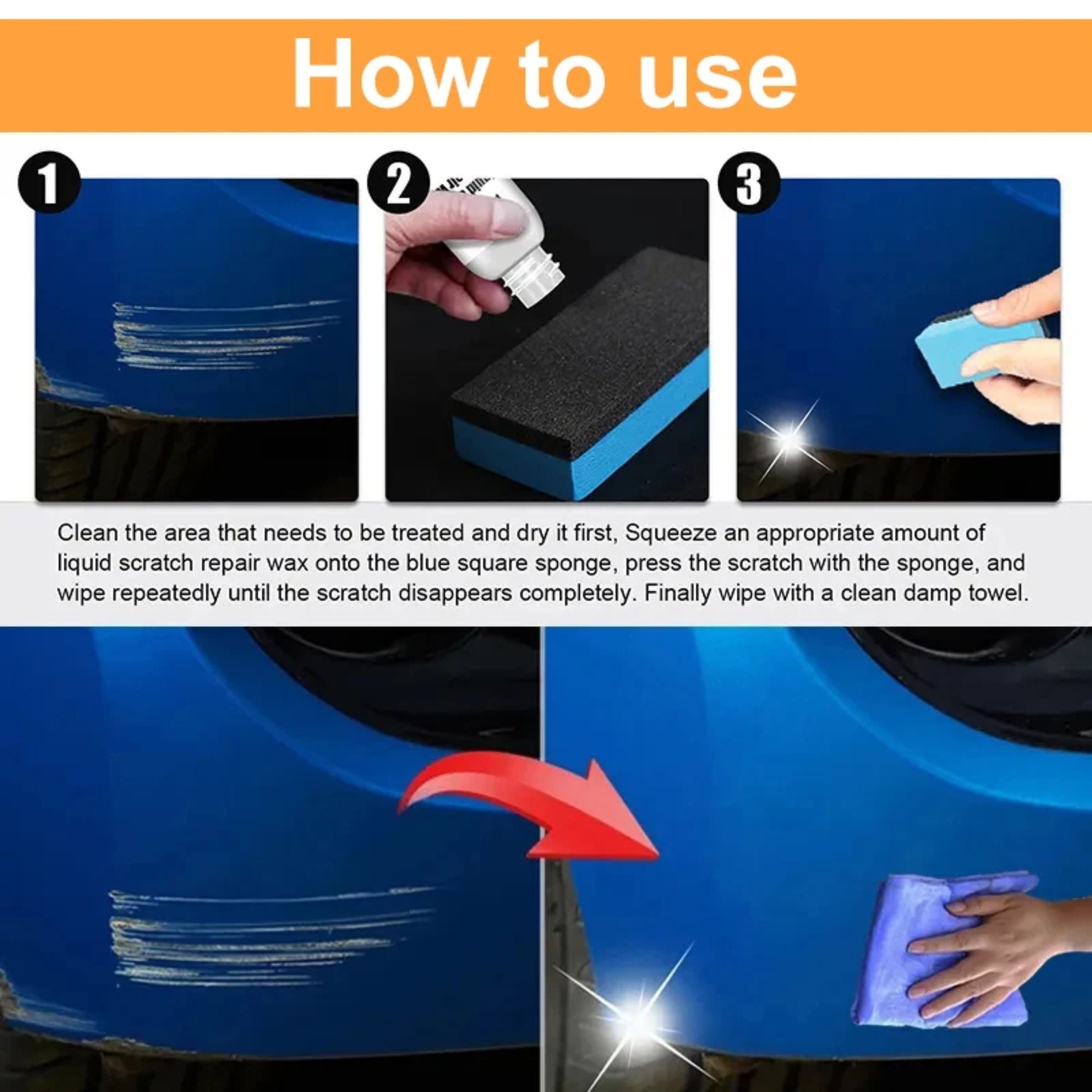 Step-by-step graphical instructions detailing the DIY application process: cleaning the surface, squeezing the repair compound onto the sponge, buffing the scratched area, and completing a final wipe with a microfibre towel.