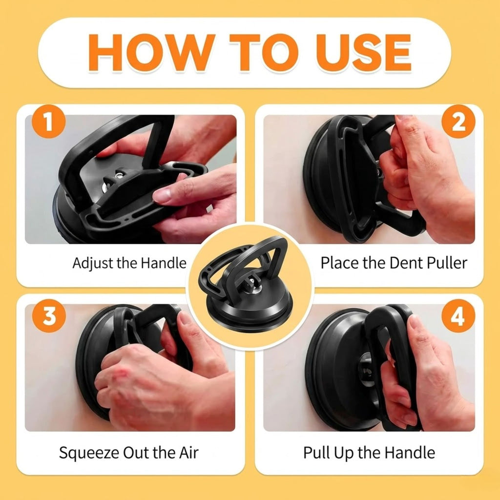 Four-step instructional guide demonstrating how to adjust the handle, place the dent puller, engage the vacuum seal, and pull the handle for extraction.