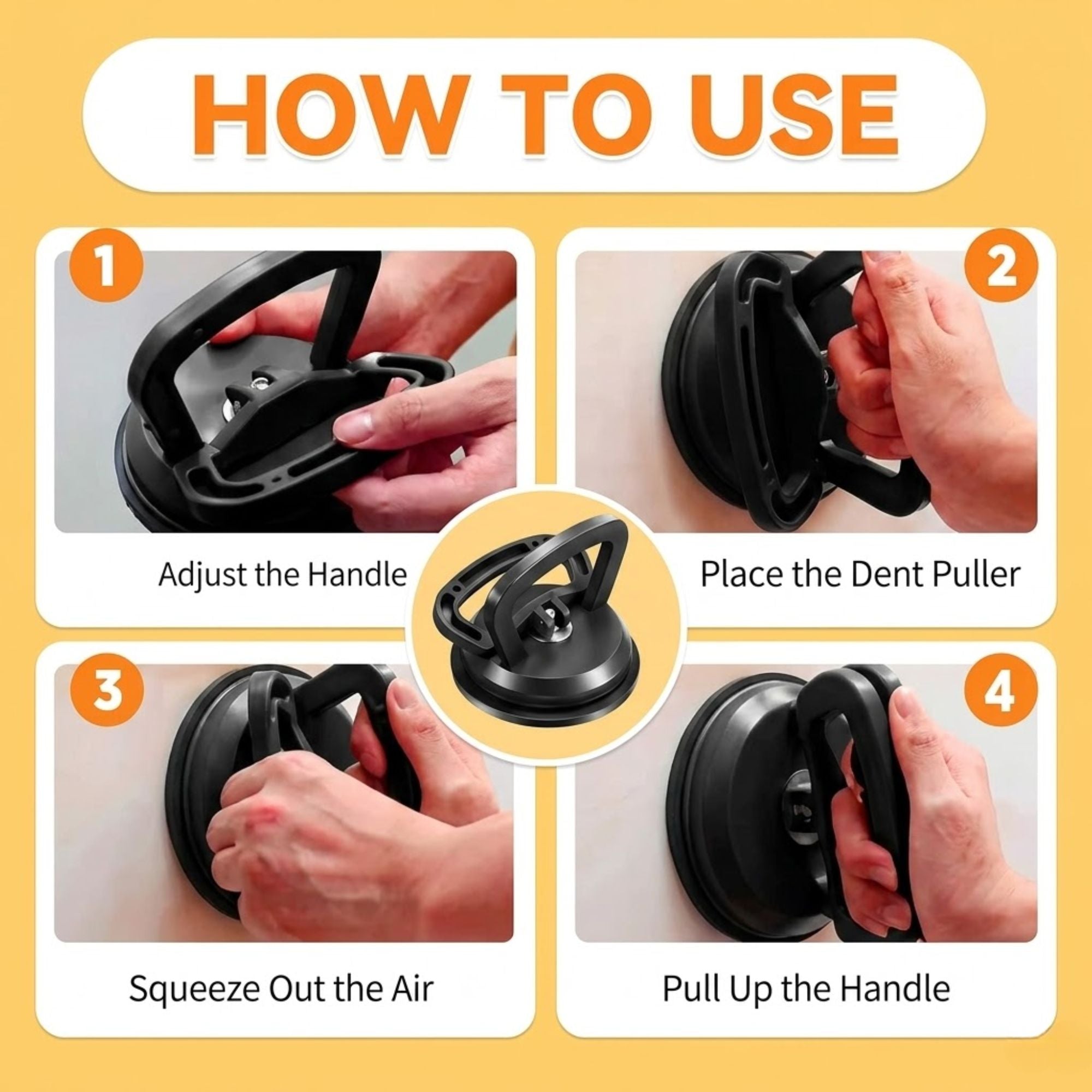 Four-step instructional guide demonstrating how to adjust the handle, place the dent puller, engage the vacuum seal, and pull the handle for extraction.