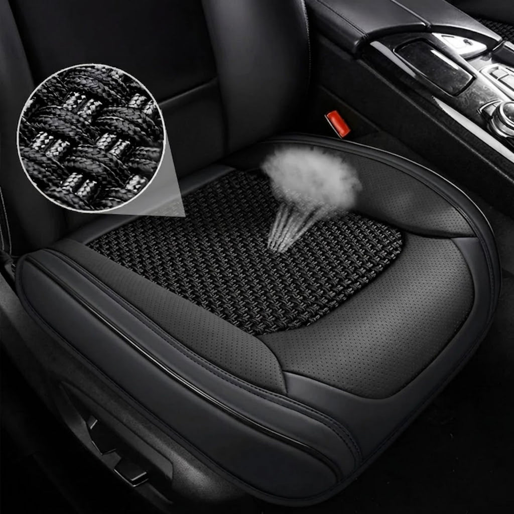 Close up of the woven cooling mesh fabric on the ice silk seat cover with dust being blown off the surface