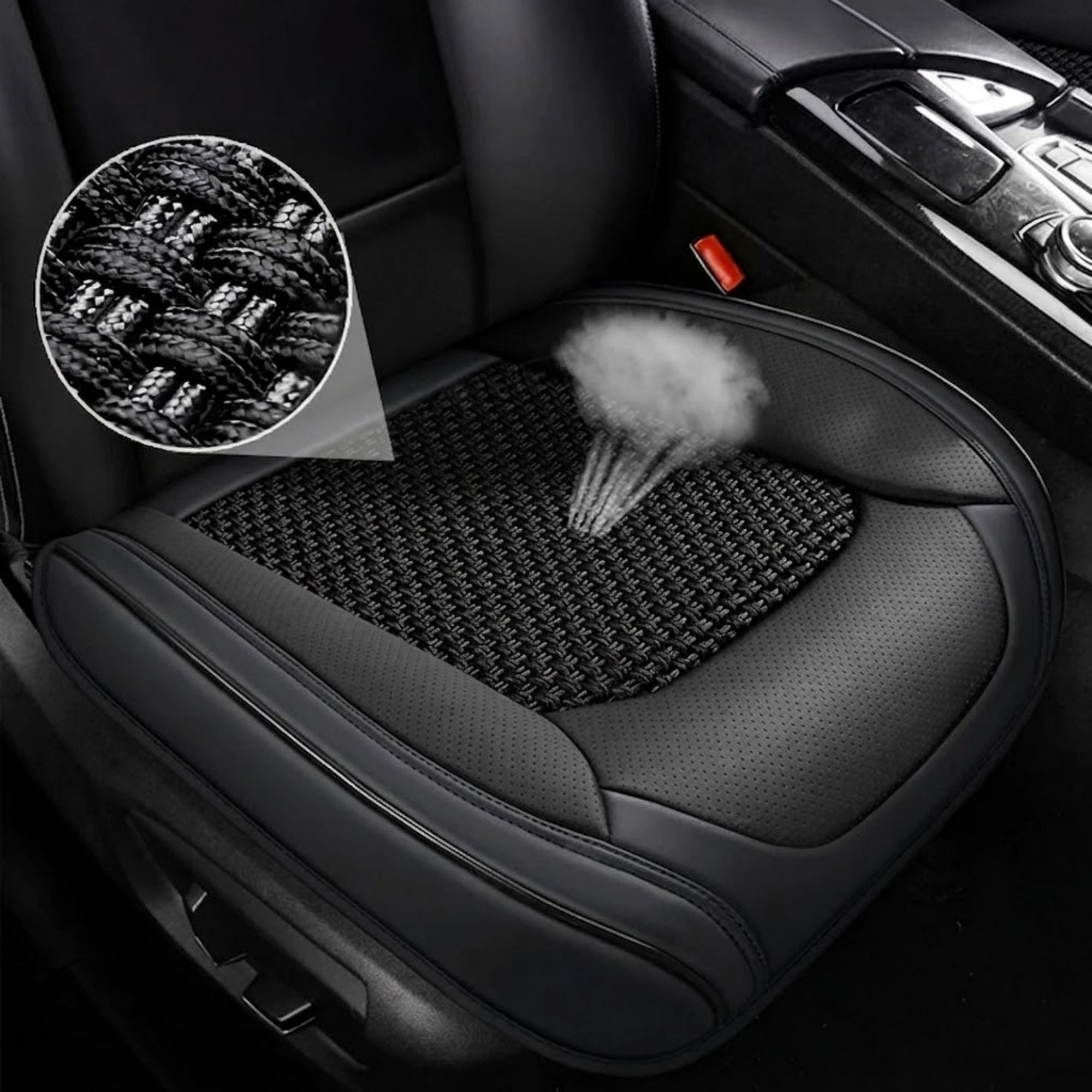 Close up of the woven cooling mesh fabric on the ice silk seat cover with dust being blown off the surface