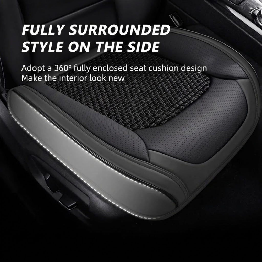 Ice silk seat cover with a fully enclosed 360 degree side wrap fitted to a car seat