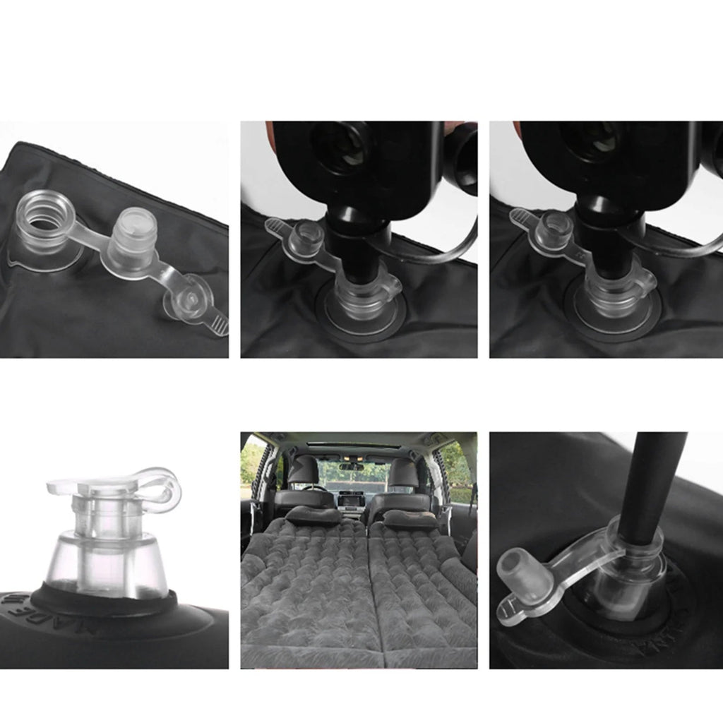 Close-up sequence of the three-purpose air nozzle interface and electric inflation pump connected to the car mattress valves.