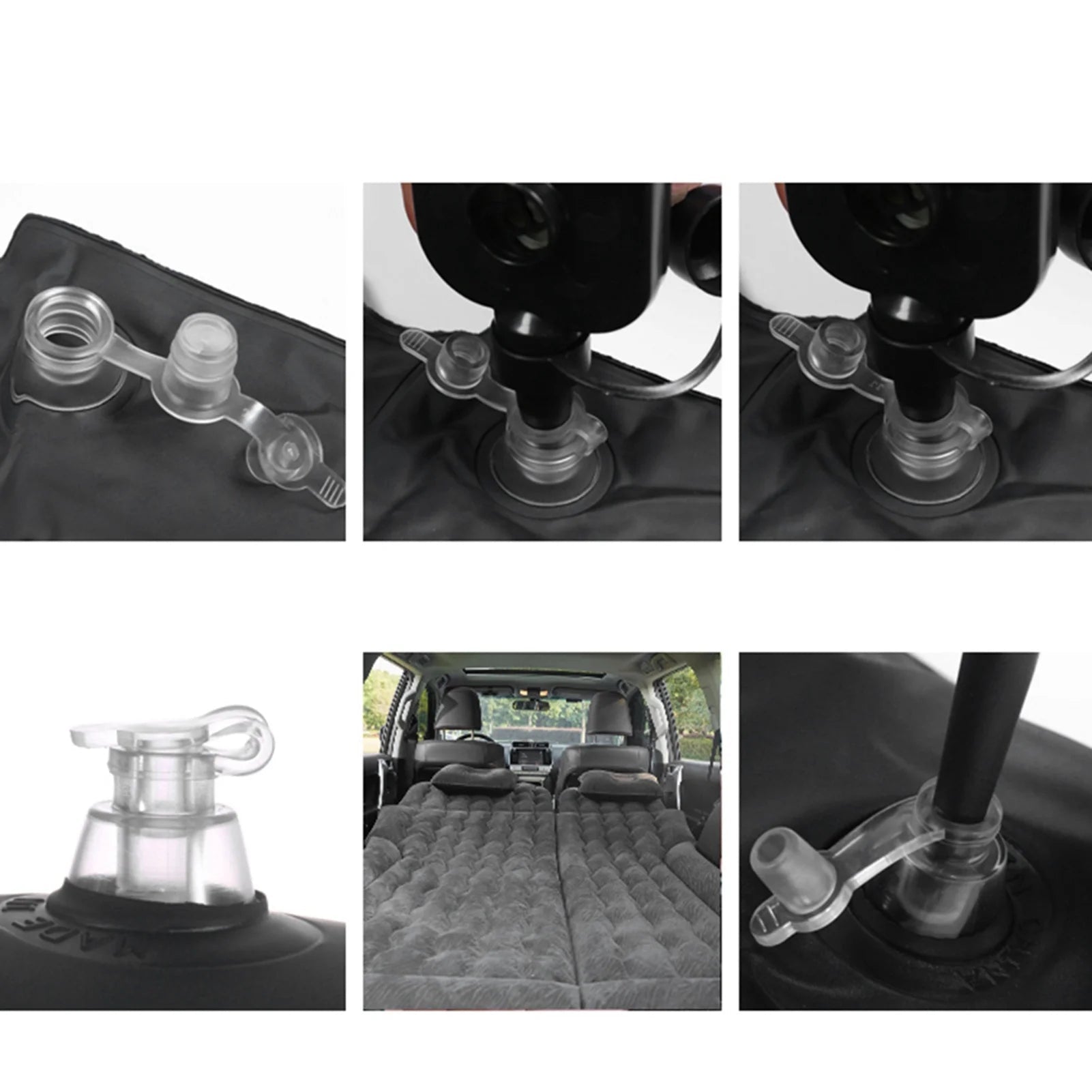 Close-up sequence of the three-purpose air nozzle interface and electric inflation pump connected to the car mattress valves.