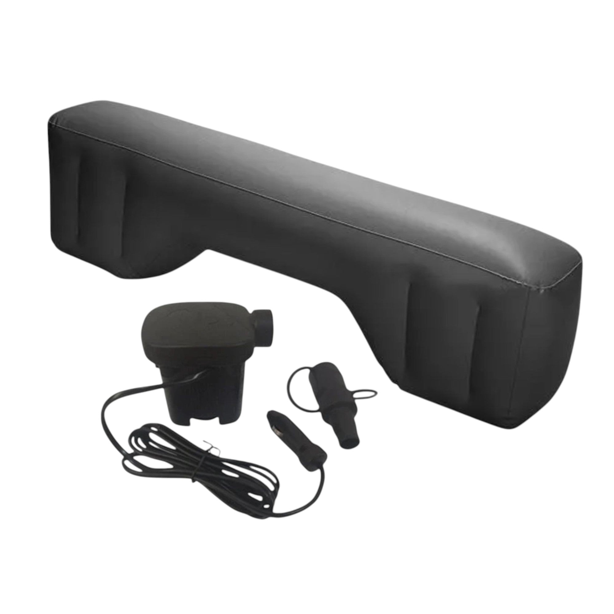 Black inflatable car travel bed extender displayed alongside an included 12-volt electric car air pump and three attachment nozzles on a white background.
