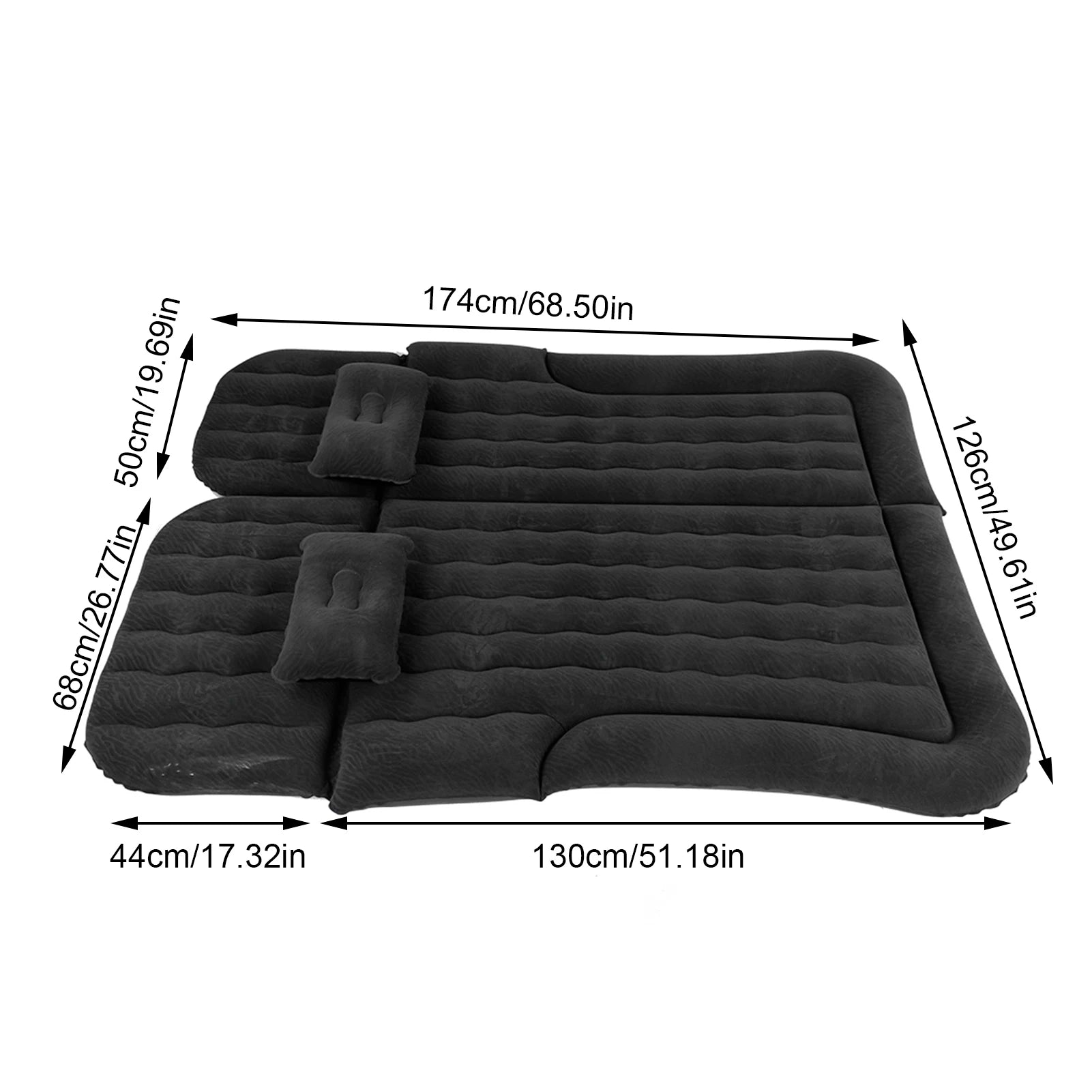 Diagram detailing the dimensions of the inflatable car travel mattress, indicating width and length measurements for universal vehicle fitment.