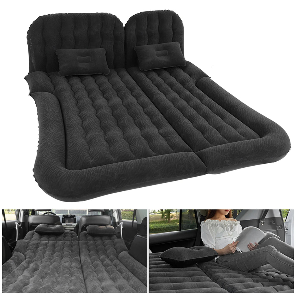 Multiple views of the black inflatable car mattress showing the standalone product and in-vehicle applications.