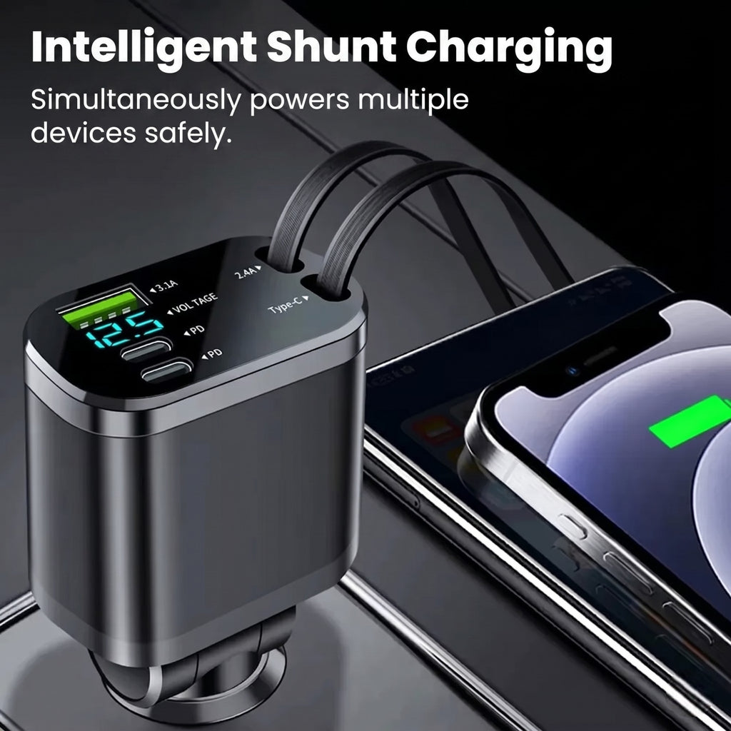 Intelligent shunt fast car charger powering a smartphone with a glowing green charging effect inside a modern car interior.