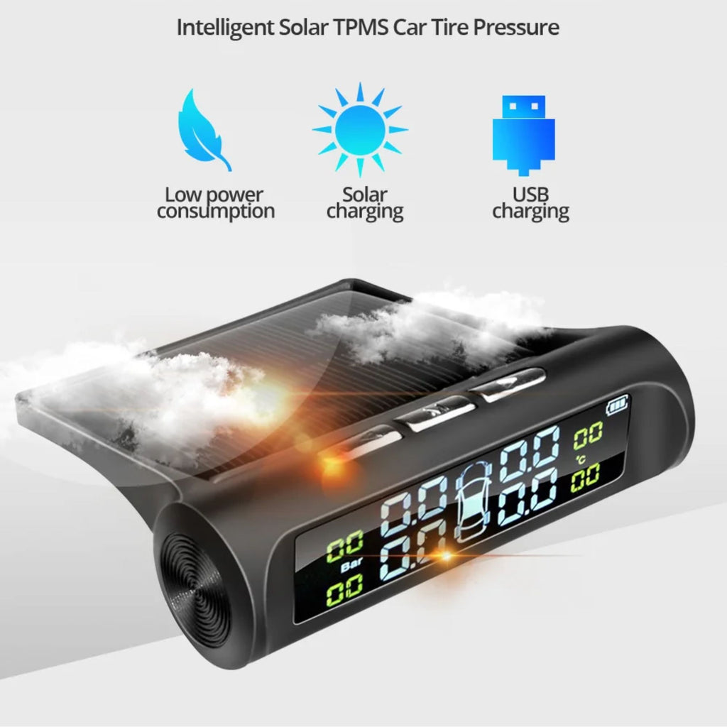 Close-up of the TPMS dashboard monitor demonstrating its dual charging capabilities with intelligent solar power panels and a USB charging port.