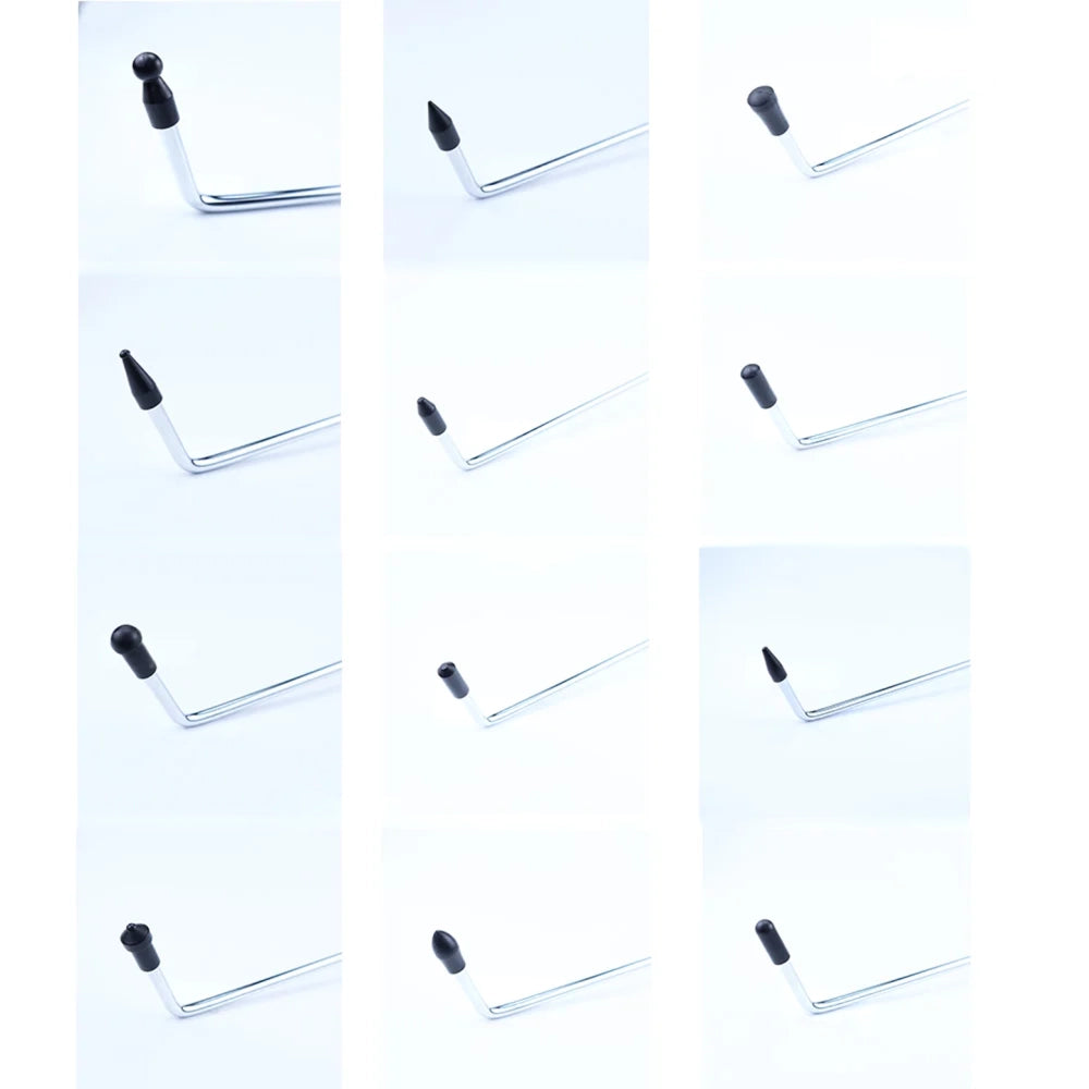 Visual grid demonstrating the various black composite tips securely attached to the threaded end of the stainless steel dent removal rod.