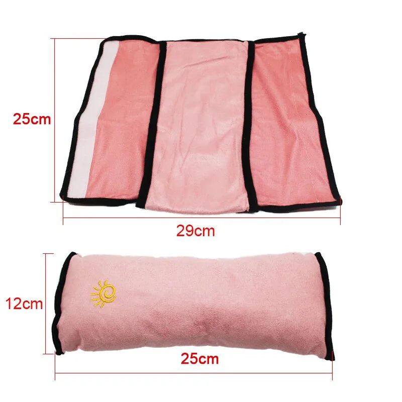 Dimensions guide for the kids seat belt shoulder pad showing measurements of 25 centimetres by 12 centimetres, and the unfolded configuration.