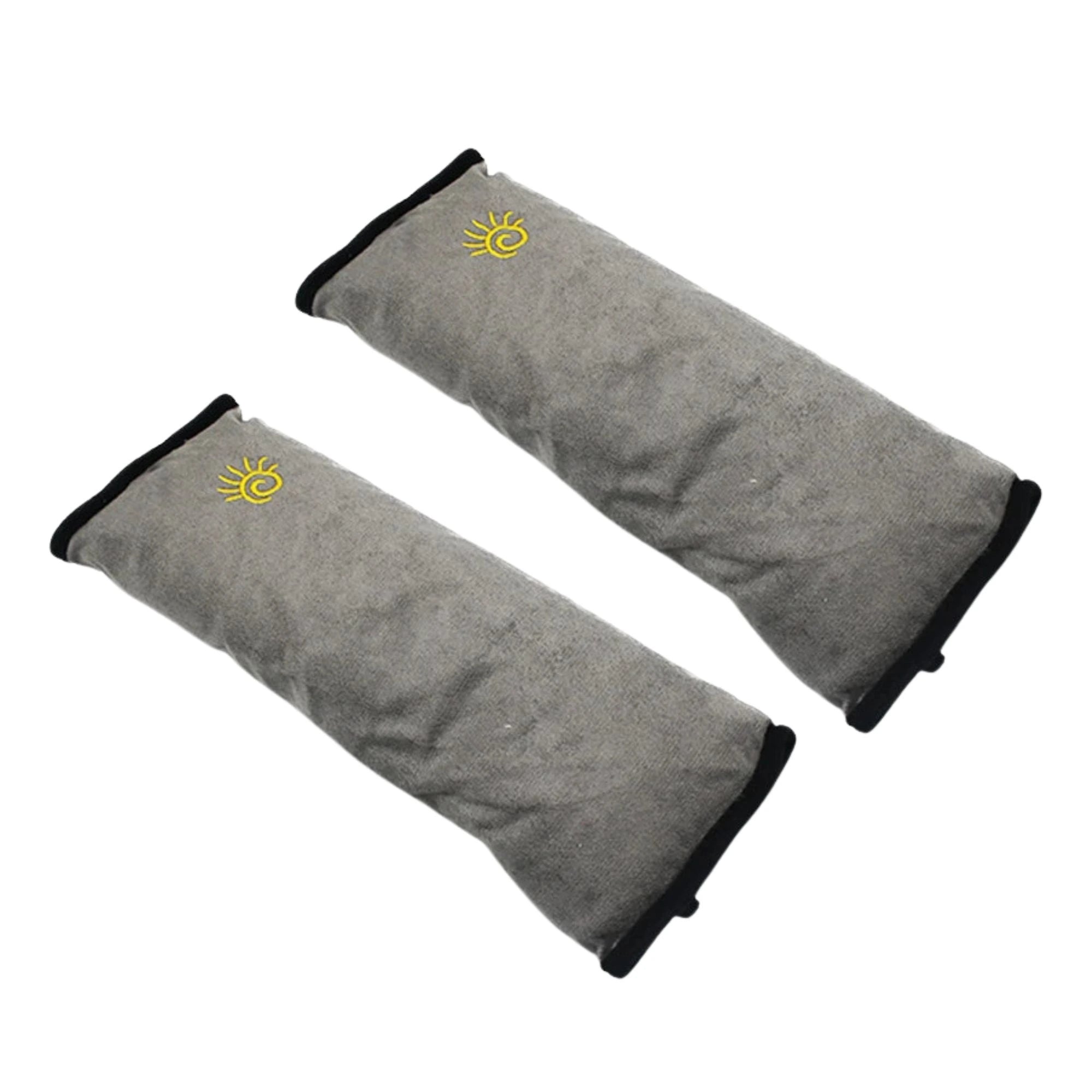 Heather grey kids seat belt shoulder pads displayed on a white background.