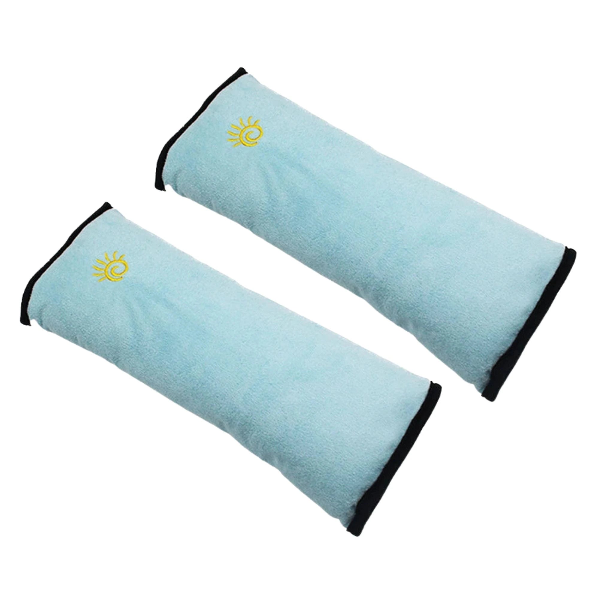 Sky blue kids seat belt shoulder pads displayed on a white background.
