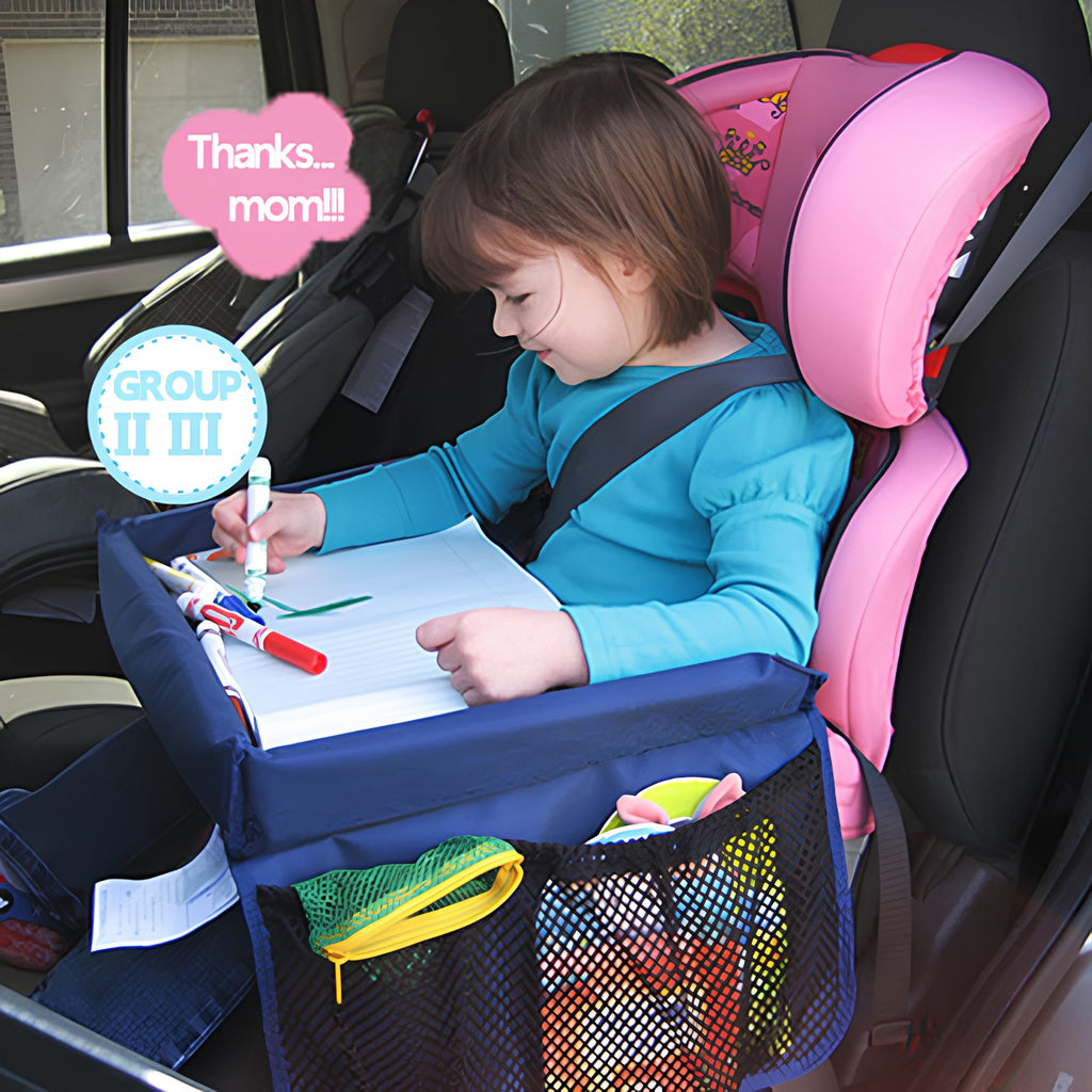 Young girl smiling and thanking mum while colouring on a blue kids car seat travel tray secured in the back seat