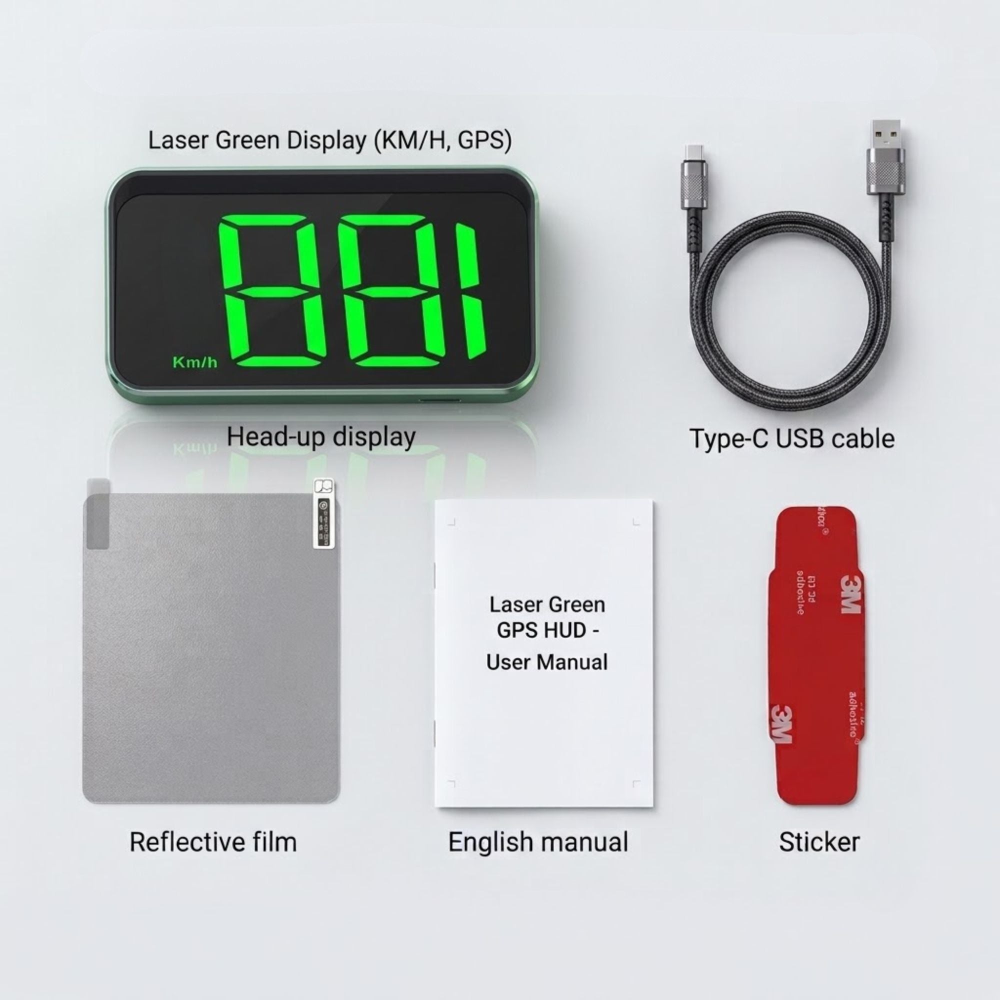 Laser green GPS head-up display kit with a digital LED screen, included with a black Type-C USB cable, reflective film, English user manual, and red adhesive stickers, arranged on a light gray background.