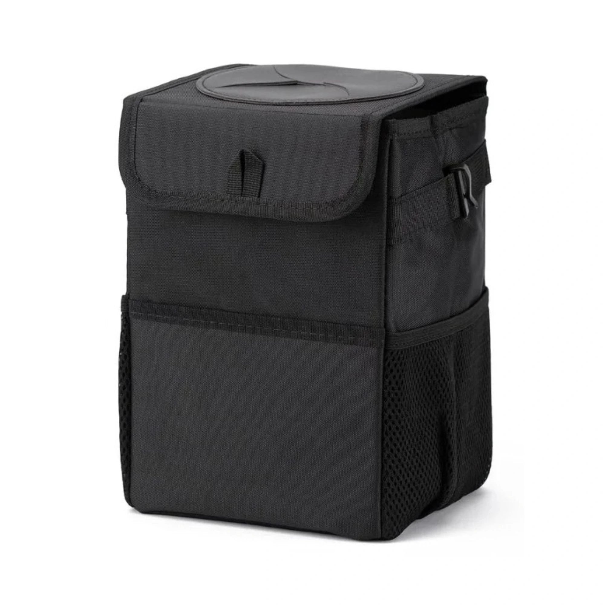 Black leakproof car rubbish bin and collapsible storage organiser displayed on a white background.