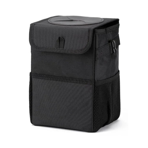 Black leakproof car rubbish bin and collapsible storage organiser displayed on a white background.