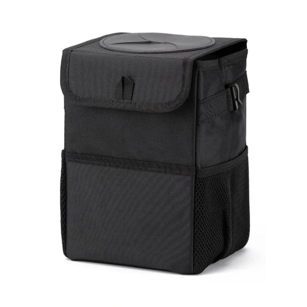 Collapsible Car Rubbish Bin in black shown closed with side mesh storage pockets