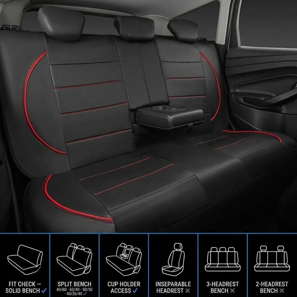 Black car rear seat cover with red contrast stitching and trim, shown installed on a vehicle bench. The image includes a small inset at the bottom with feature icons and text describing fit, split bench, cup holder access, headrest compatibility, and bench configurations.