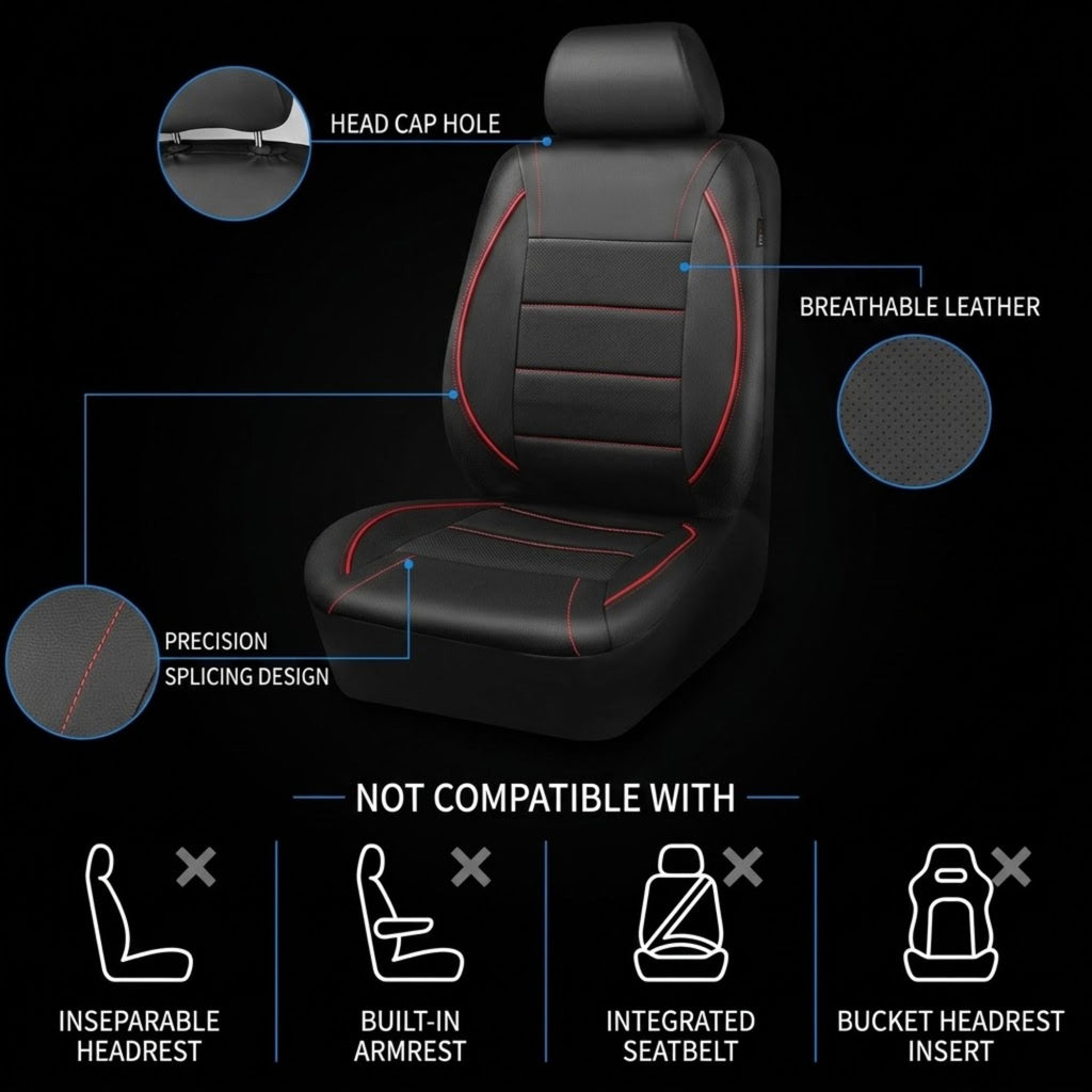 Black car seat cover with red contrast stitching, shown on a dark background with callout circles and text highlighting features like breathable leather, precision splicing, and head cap hole. Below the seat, icons indicate incompatibility with certain seatbelt and headrest configurations.