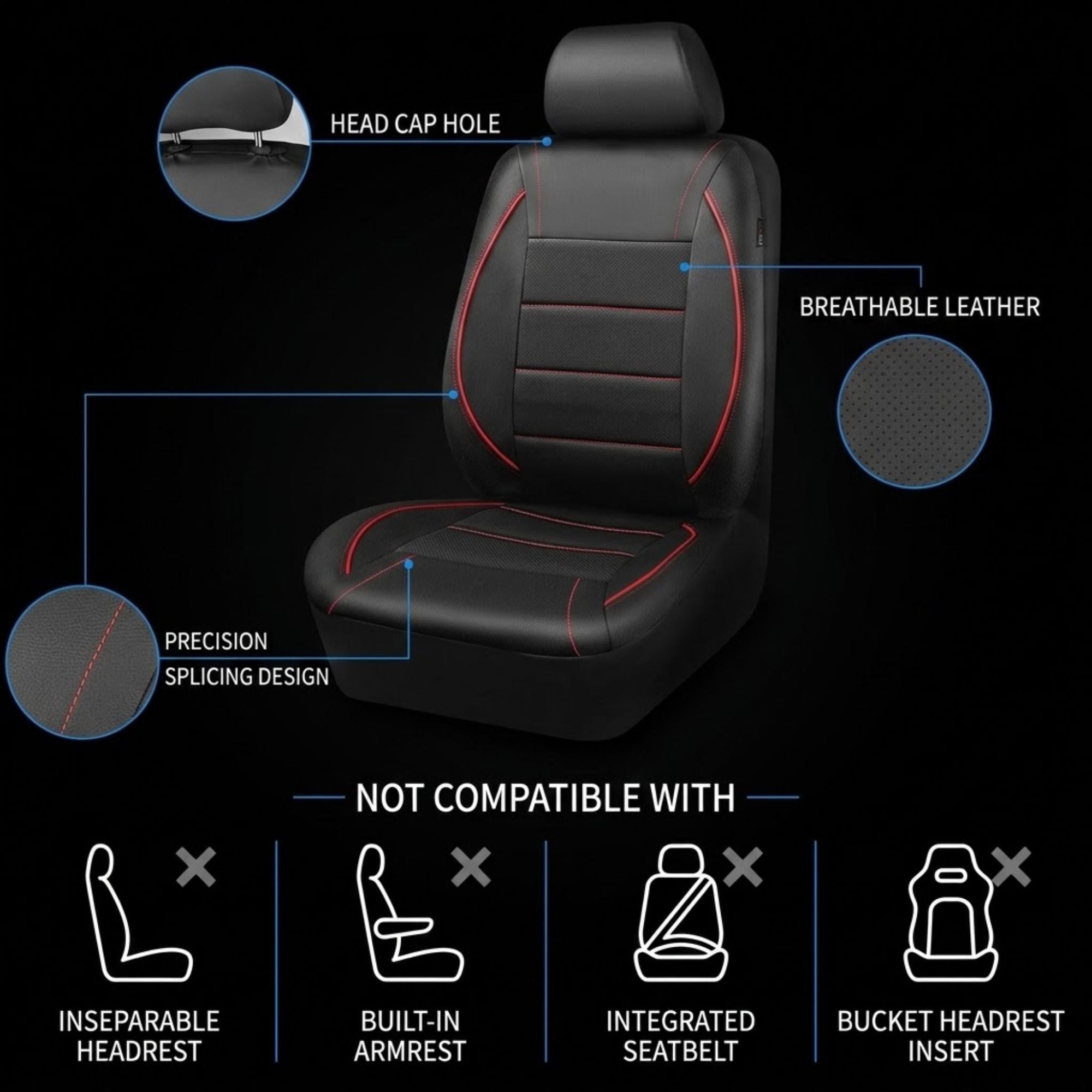 Black car seat cover with red contrast stitching, shown on a dark background with callout circles and text highlighting features like breathable leather, precision splicing, and head cap hole. Below the seat, icons indicate incompatibility with certain seatbelt and headrest configurations.