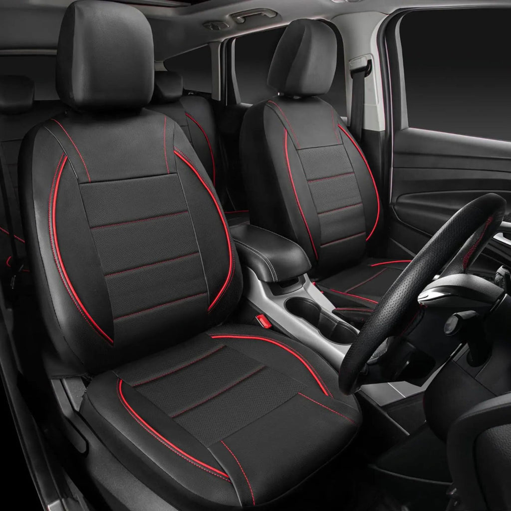 Black Leather Car Seat Covers with red trim fitted to front seats inside car
