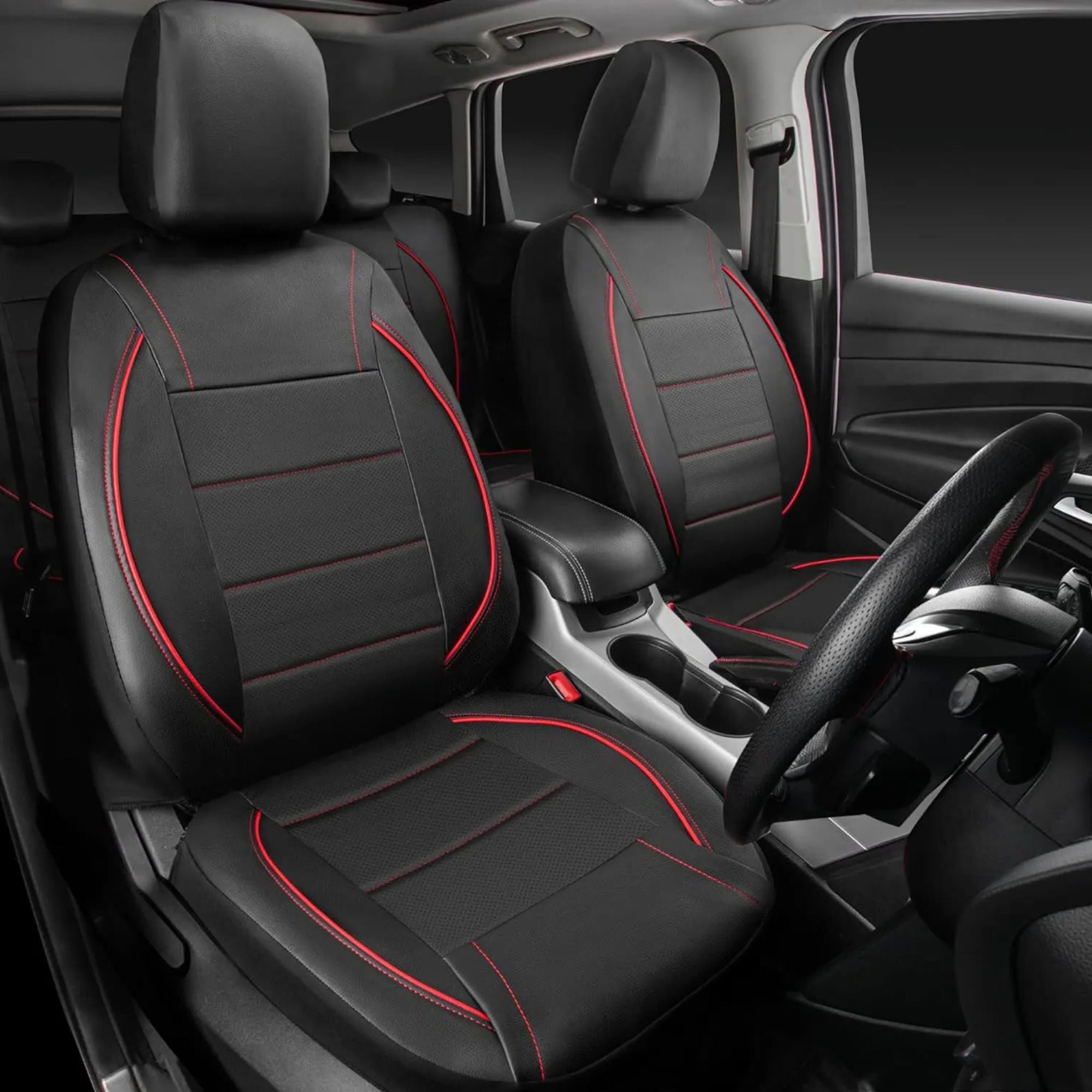 Black Leather Car Seat Covers with red trim fitted to front seats inside car