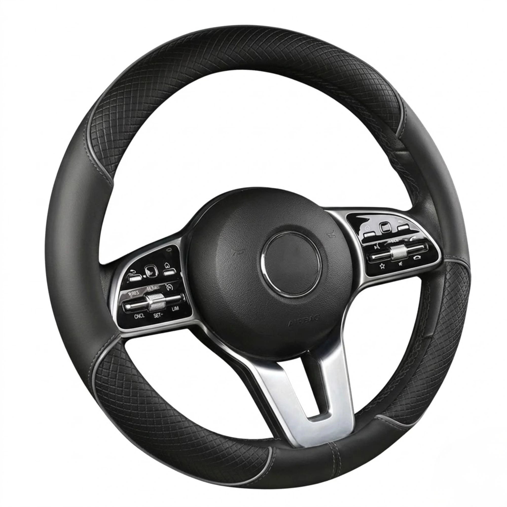 Diamond Leather Steering Wheel Cover with quilted texture and silver stitching on a white background