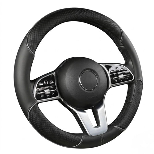 Diamond Leather Steering Wheel Cover with quilted texture and silver stitching on a white background