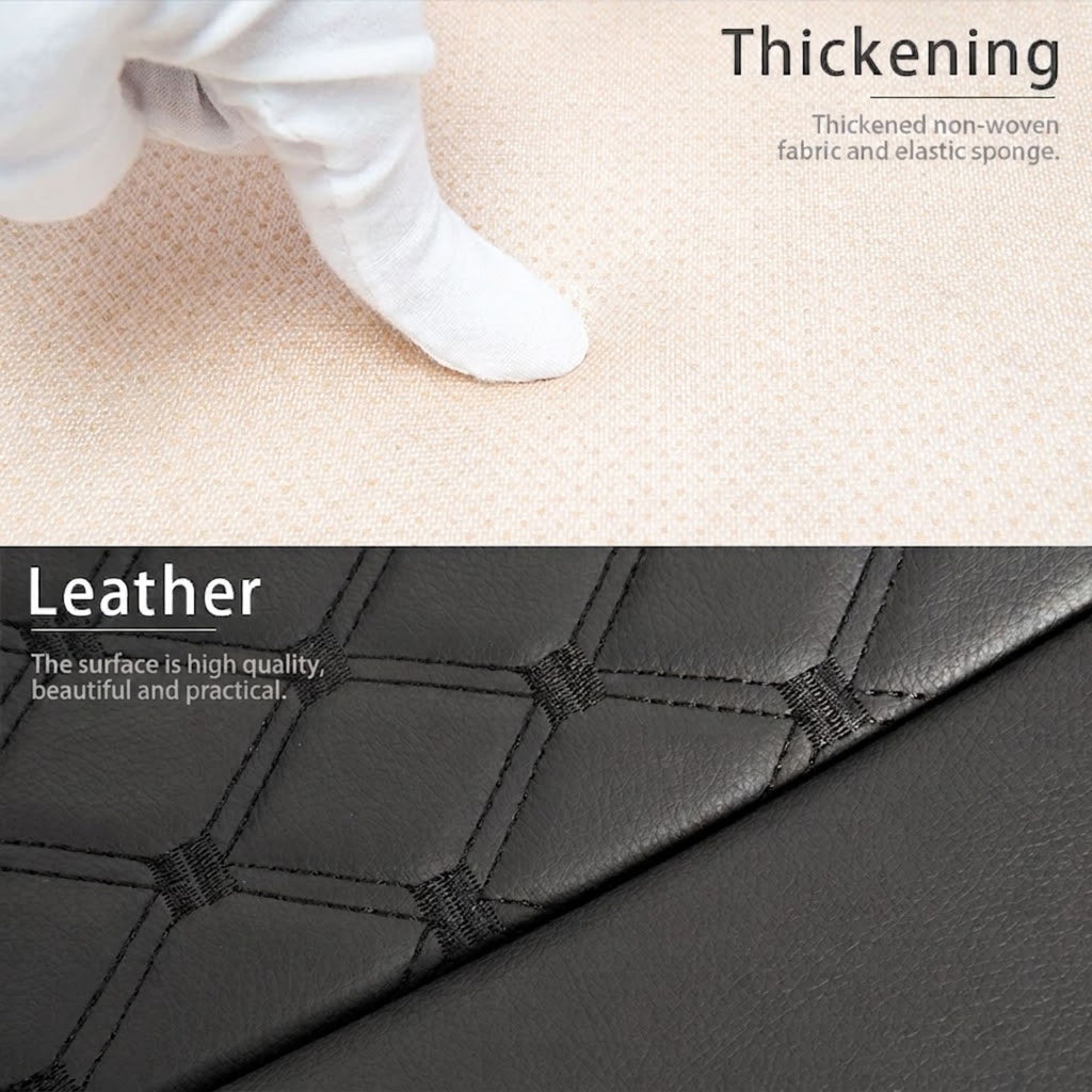 Close-up of the Nexura Auto leather seat cover's thickened non-woven fabric backing and quilted leather surface.