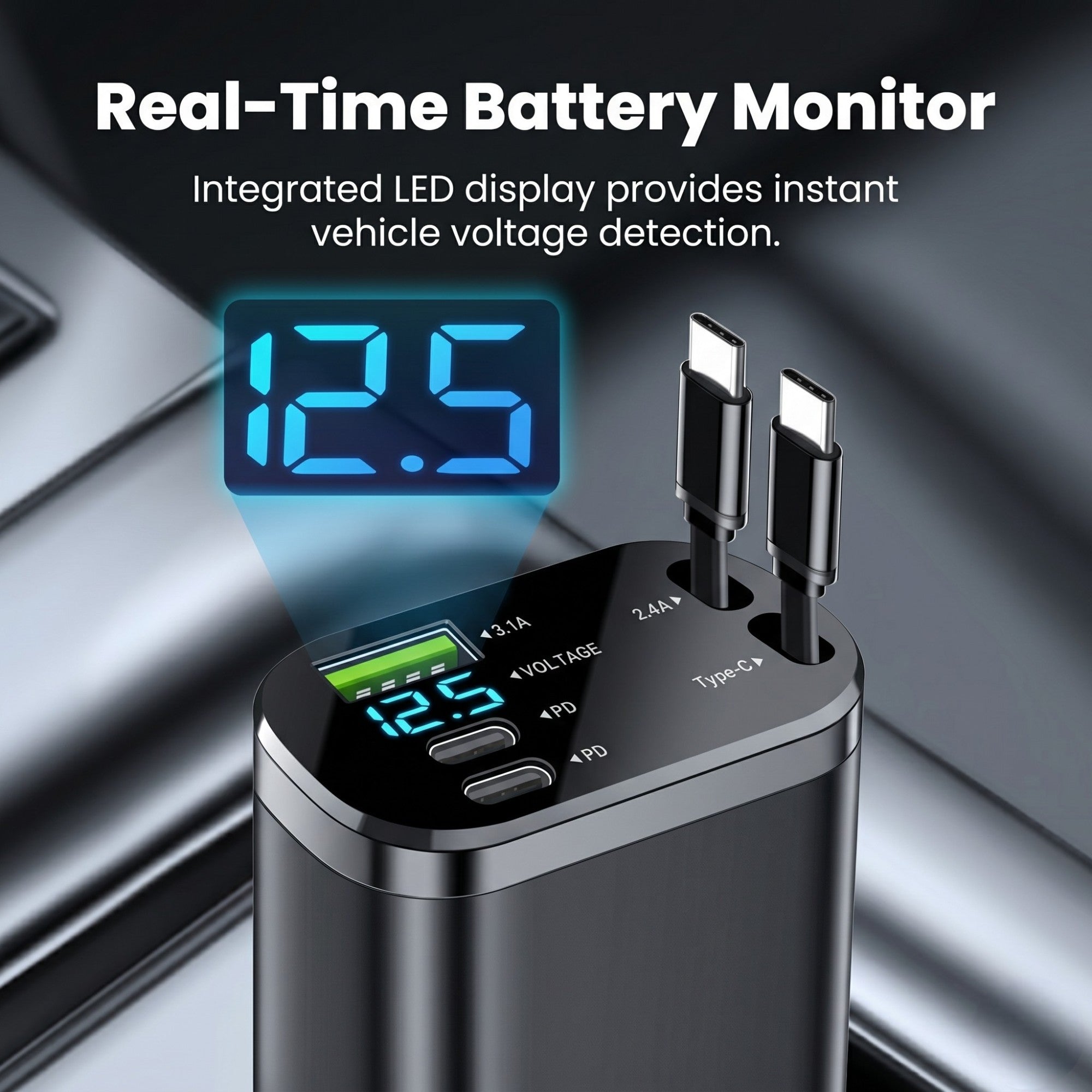 Close up of a premium car charger's LED digital display providing real-time vehicle battery voltage detection.
