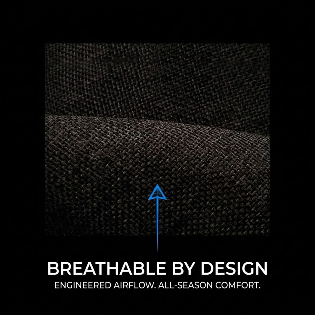 Close-up of a dark woven fabric texture with a blue upward arrow and the text 'BREATHABLE BY DESIGN' and 'ENGINEERED AIRFLOW. ALL-SEASON COMFORT.