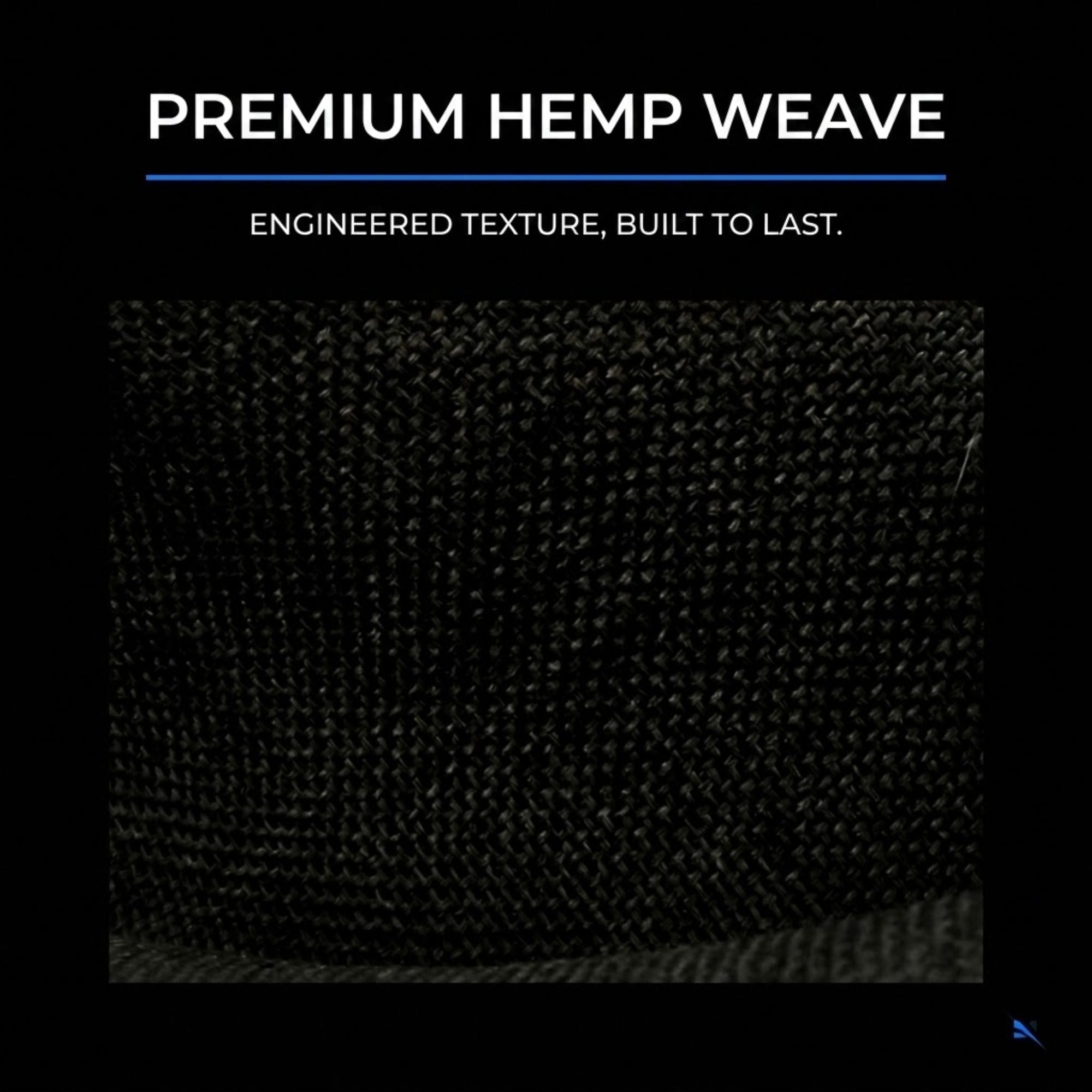 A close-up fabric texture swatch of black premium hemp weave material on a black background, with white text above reading 'PREMIUM HEMP WEAVE' and smaller text 'ENGINEERED TEXTURE, BUILT TO LAST.'.