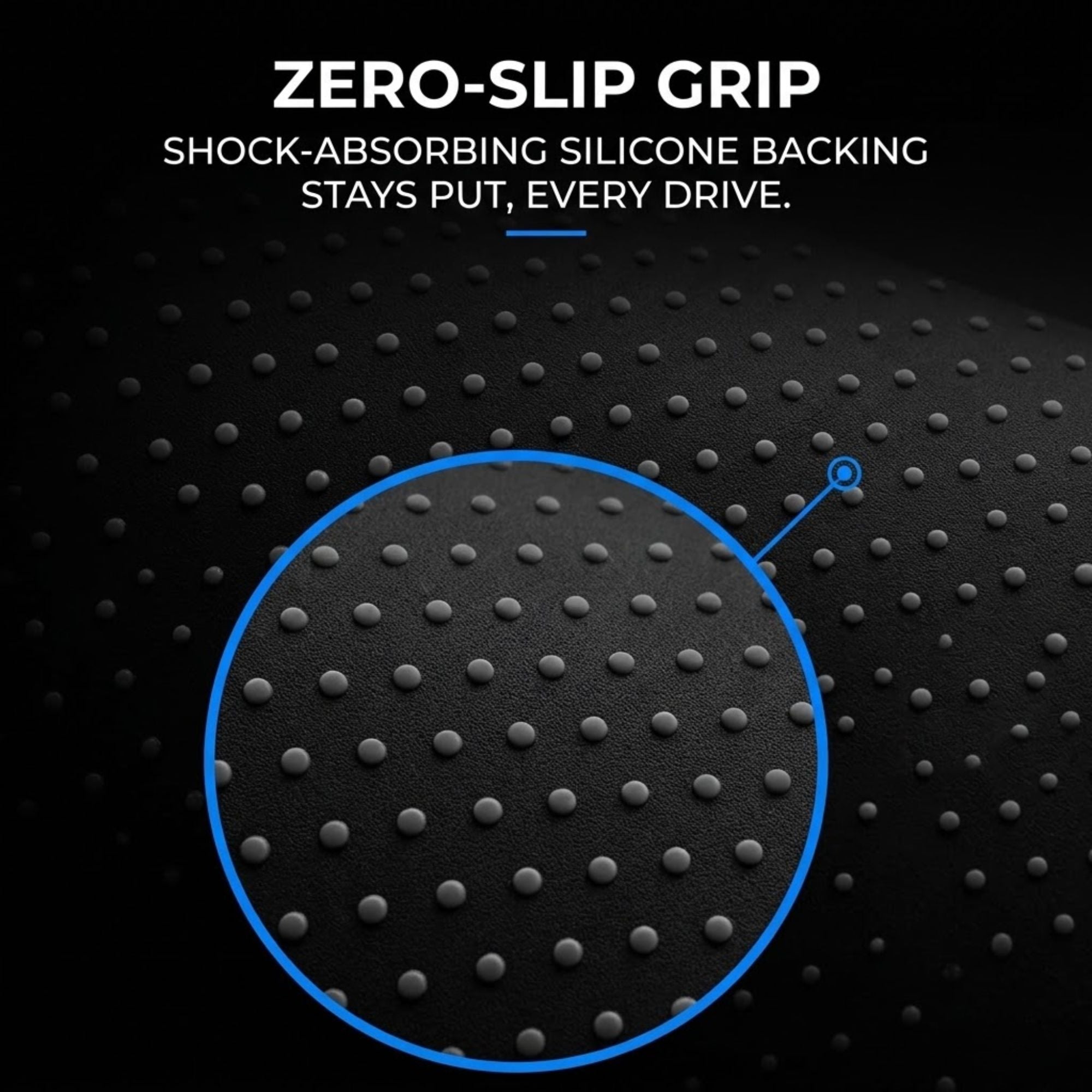 Black textured grip surface with white text reading 'ZERO-SLIP GRIP' and 'SHOCK-ABSORBING SILICONE BACKING STAYS PUT, EVERY DRIVE.' A blue circular inset highlights the raised dot pattern.