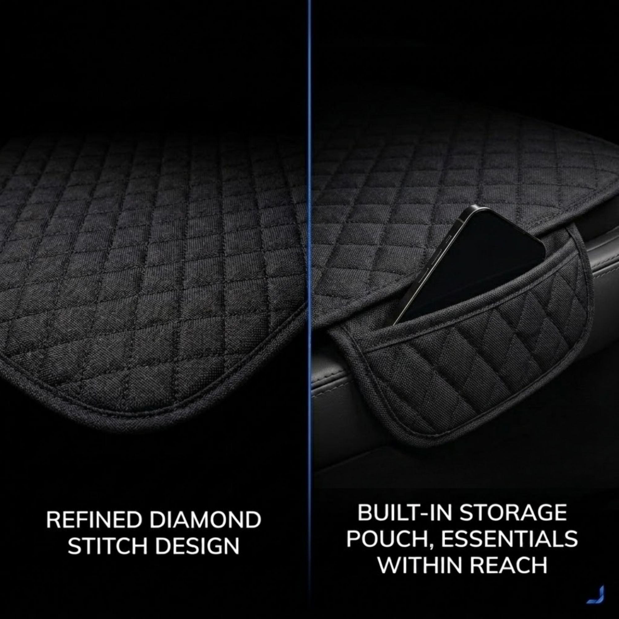 A black quilted car seat pad shown in a split-screen feature layout. The left side highlights a diamond-stitched pattern, and the right side shows a built-in storage pocket holding a smartphone.