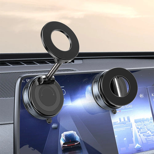 Magnetic car phone holder installed on a vehicle dashboard screen securing a smartphone in landscape orientation.