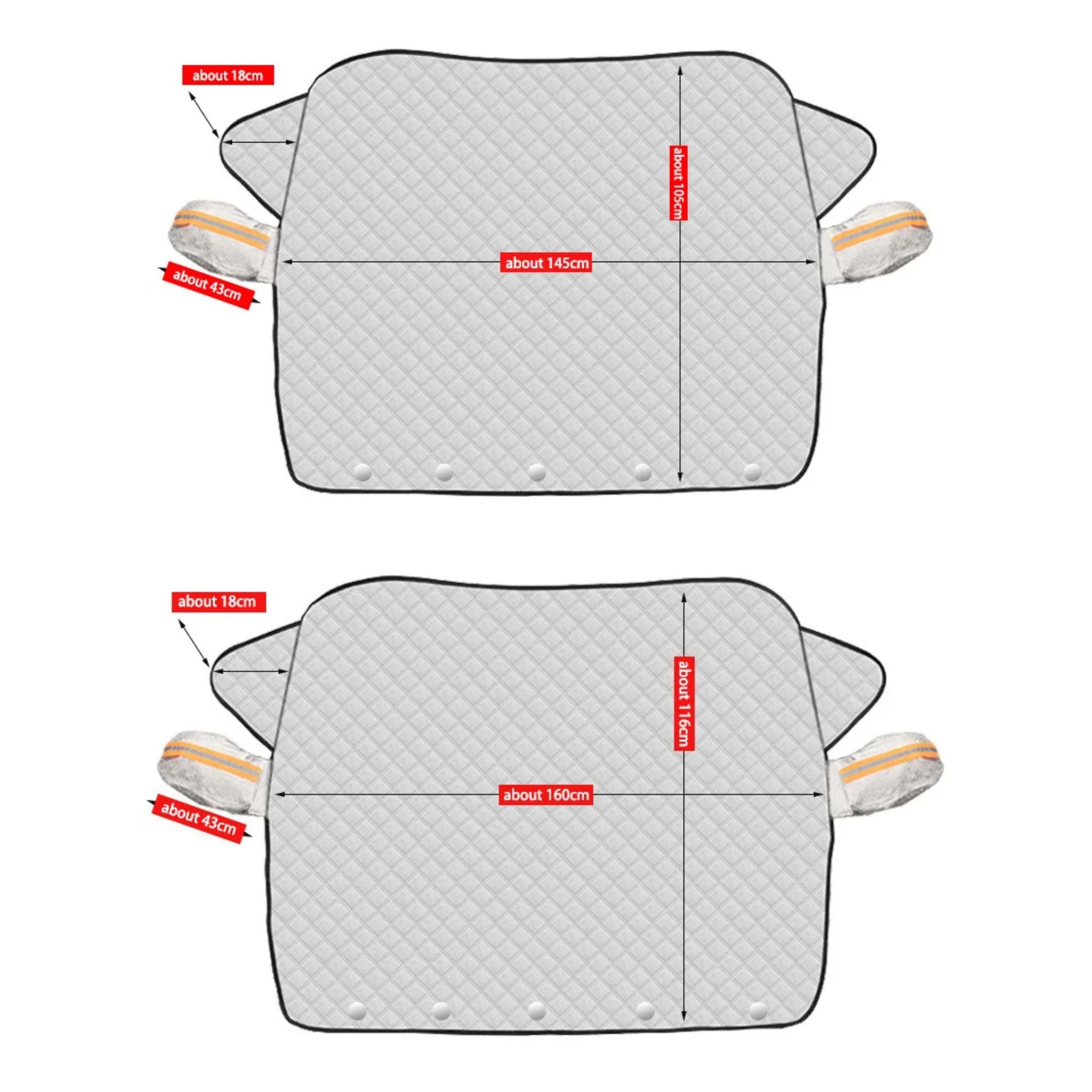 A technical sizing chart displaying the specific length and width dimensions for both the sedan and SUV variants of the magnetic car windscreen cover.