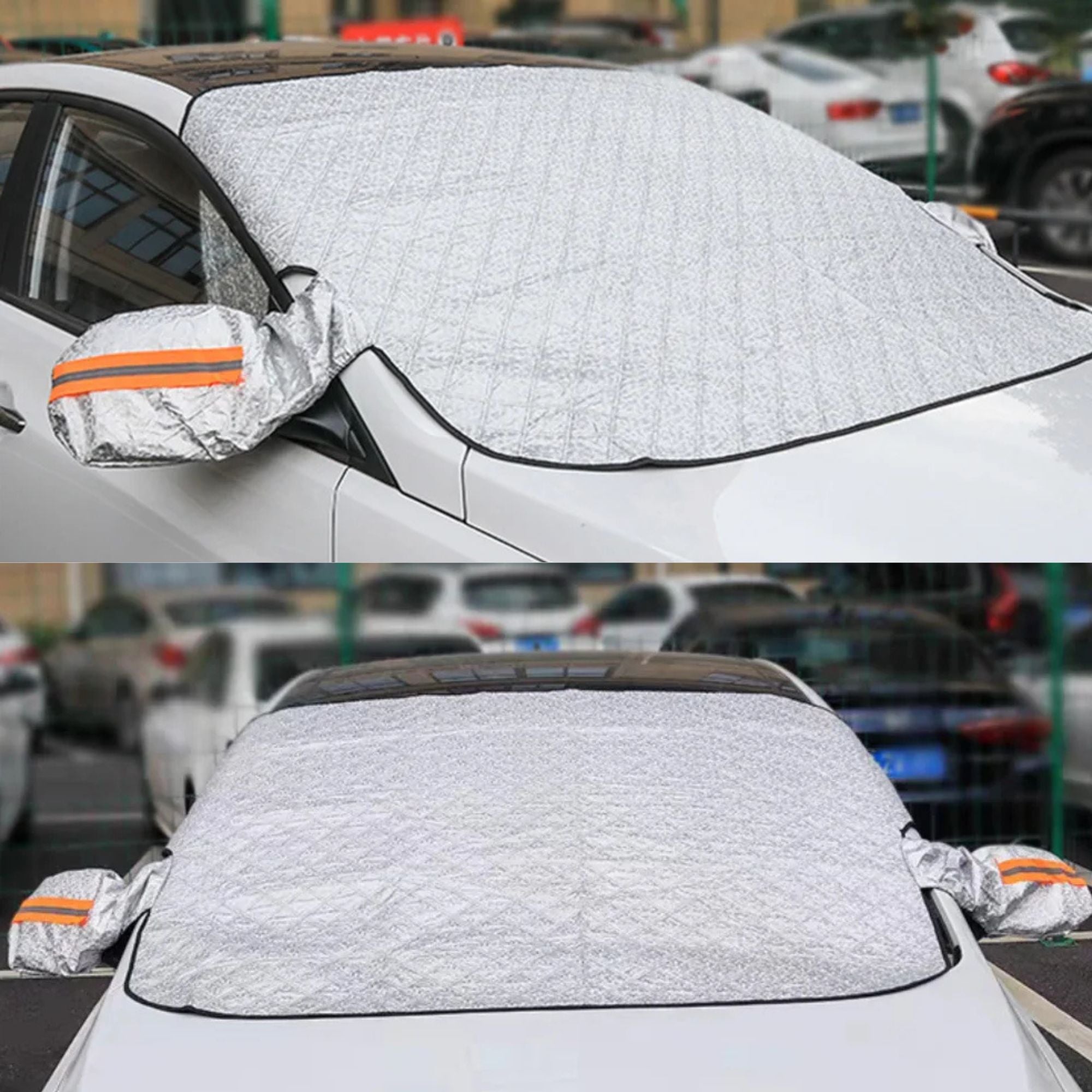 Multiple vehicles parked on a street utilising the silver magnetic windscreen cover to protect against environmental elements.