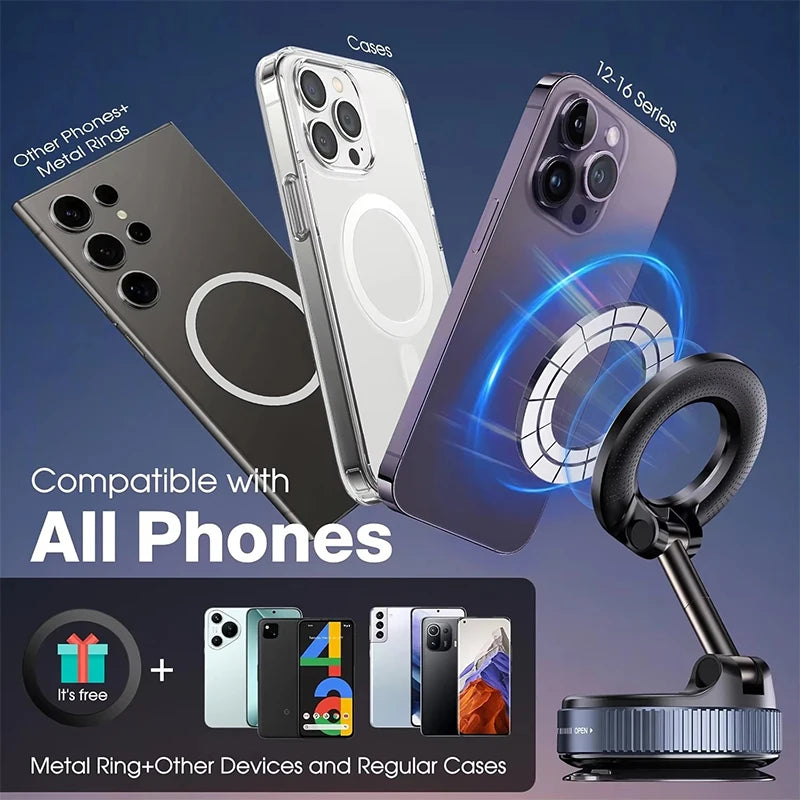 Compatibility graphic showing the magnetic mount securing various smartphone models using direct MagSafe attachment or an adhesive metal ring.
