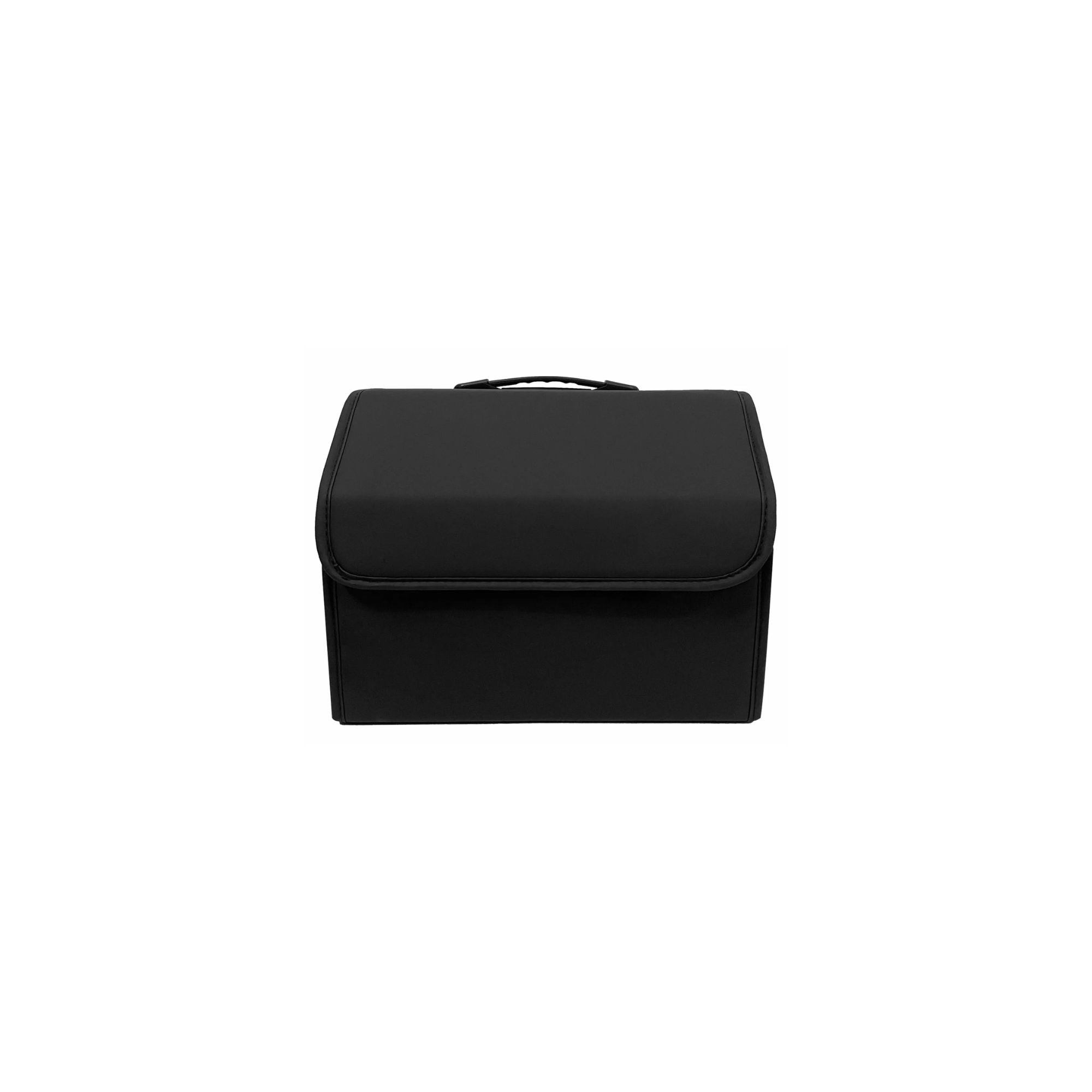 Medium size premium black collapsible PU leather car boot organiser on a pure white background.