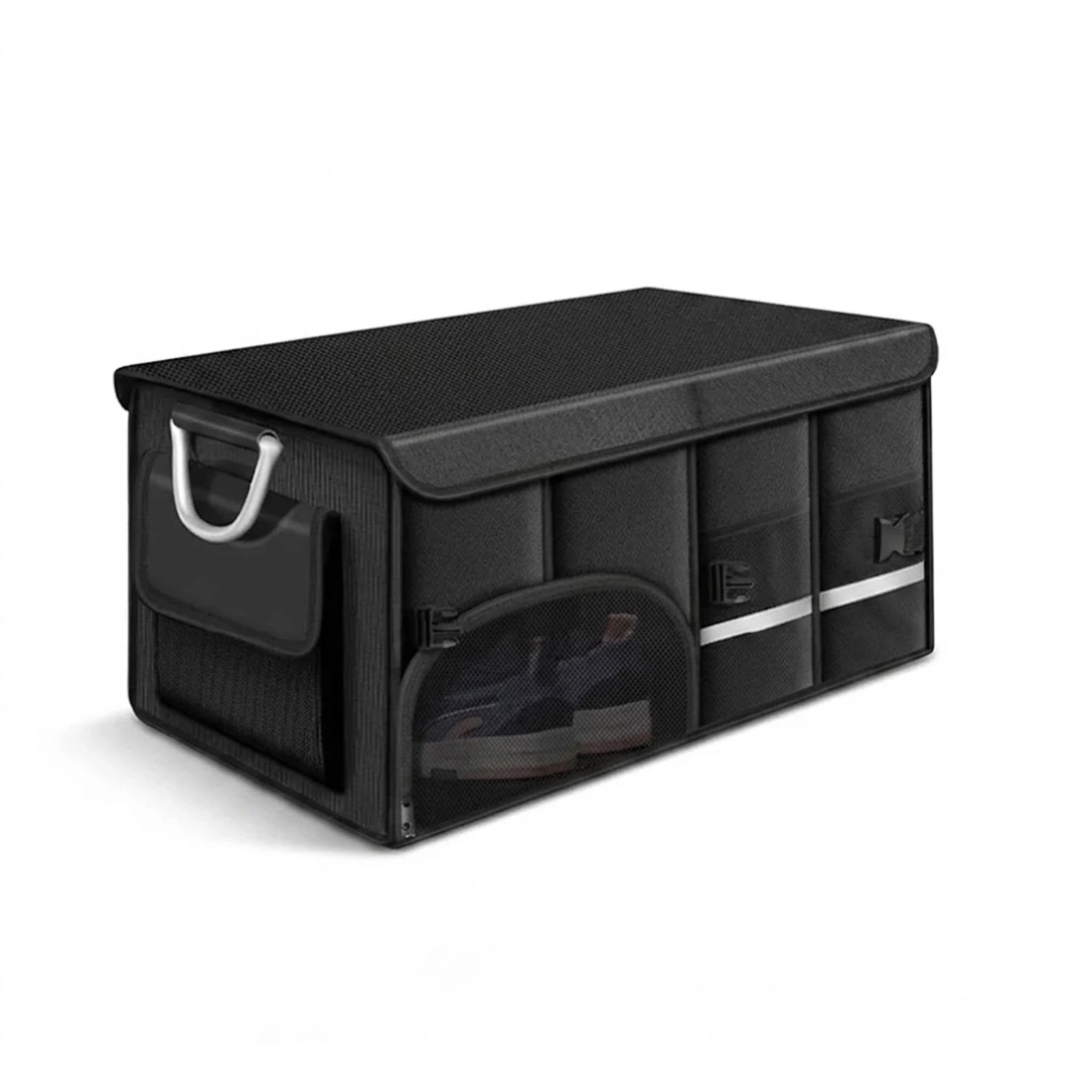 Heavy-Duty Car Boot Organiser medium size foldable waterproof storage box in black Oxford fabric with reflective safety strip and side pocket